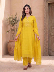 Women Ethnic Motifs Embroidered Regular Thread Work Chanderi Cotton Kurta with Trousers & With Dupatta