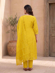 Women Ethnic Motifs Embroidered Regular Thread Work Chanderi Cotton Kurta with Trousers & With Dupatta