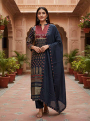 Women Ethnic Motifs Printed Regular Mirror Work Pure Silk Kurta with Trousers & With Dupatta