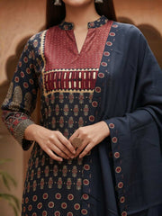 Women Ethnic Motifs Printed Regular Mirror Work Pure Silk Kurta with Trousers & With Dupatta