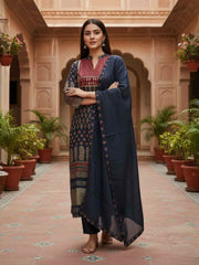 Women Ethnic Motifs Printed Regular Mirror Work Pure Silk Kurta with Trousers & With Dupatta
