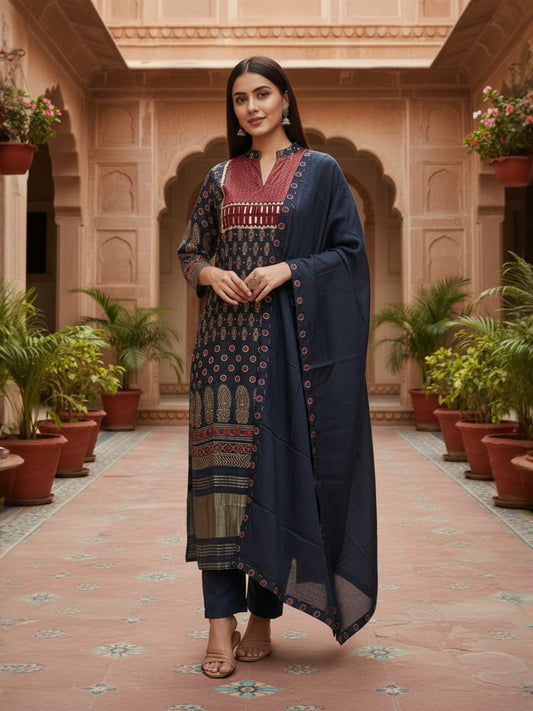Women Ethnic Motifs Printed Regular Mirror Work Pure Silk Kurta with Trousers & With Dupatta