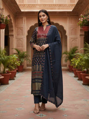 Women Ethnic Motifs Printed Regular Mirror Work Pure Silk Kurta with Trousers & With Dupatta