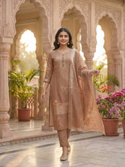 Women Ethnic Motifs Printed Regular Thread Work Linen Kurta with Trousers & With Dupatta