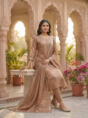 Women Ethnic Motifs Printed Regular Thread Work Linen Kurta with Trousers & With Dupatta