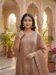 Women Ethnic Motifs Printed Regular Thread Work Linen Kurta with Trousers & With Dupatta