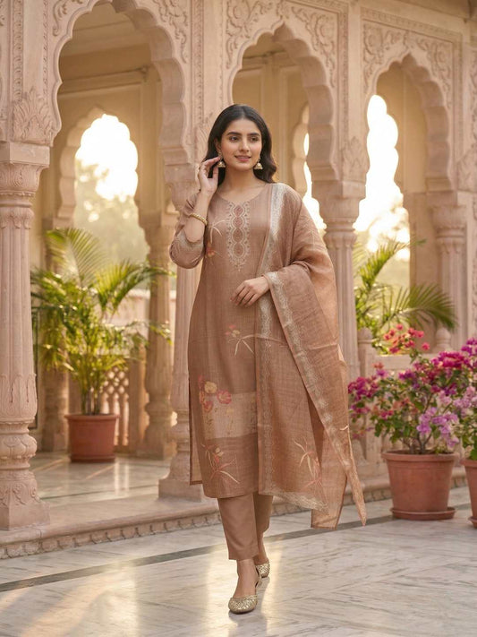 Women Ethnic Motifs Printed Regular Thread Work Linen Kurta with Trousers & With Dupatta