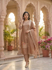 Women Ethnic Motifs Printed Regular Thread Work Linen Kurta with Trousers & With Dupatta