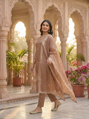 Women Ethnic Motifs Printed Regular Thread Work Linen Kurta with Trousers & With Dupatta