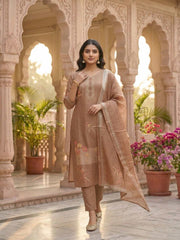 Women Ethnic Motifs Printed Regular Thread Work Linen Kurta with Trousers & With Dupatta
