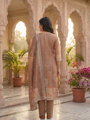 Women Ethnic Motifs Printed Regular Thread Work Linen Kurta with Trousers & With Dupatta