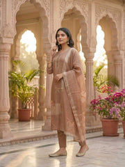 Women Ethnic Motifs Printed Regular Thread Work Linen Kurta with Trousers & With Dupatta