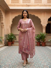 Women Floral Embroidered Regular Thread Work Linen Kurta with Trousers & With Dupatta
