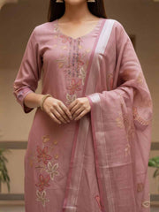 Women Floral Embroidered Regular Thread Work Linen Kurta with Trousers & With Dupatta