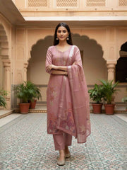 Women Floral Embroidered Regular Thread Work Linen Kurta with Trousers & With Dupatta