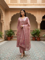 Women Floral Embroidered Regular Thread Work Linen Kurta with Trousers & With Dupatta
