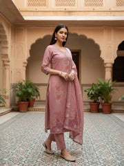 Women Floral Embroidered Regular Thread Work Linen Kurta with Trousers & With Dupatta