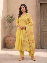Women Floral Embroidered Regular Thread Work Chanderi Cotton Kurta with Trousers & With Dupatta