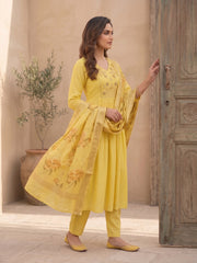 Women Floral Embroidered Regular Thread Work Chanderi Cotton Kurta with Trousers & With Dupatta