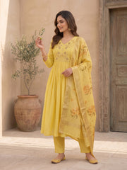 Women Floral Embroidered Regular Thread Work Chanderi Cotton Kurta with Trousers & With Dupatta