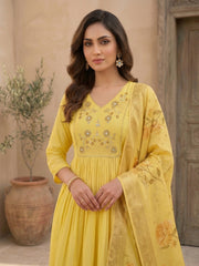 Women Floral Embroidered Regular Thread Work Chanderi Cotton Kurta with Trousers & With Dupatta