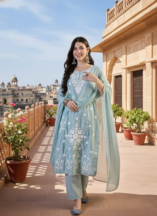Women Ethnic Motifs Embroidered Regular Chikankari Chanderi Cotton Kurta with Trousers & With Dupatta