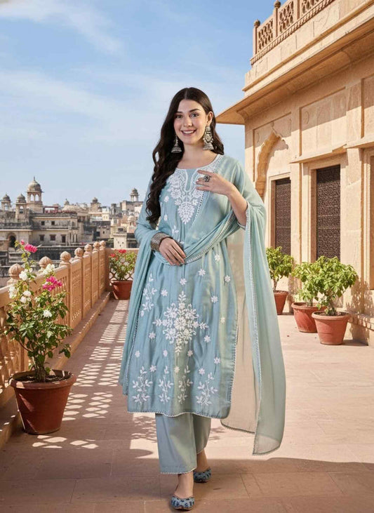 Women Ethnic Motifs Embroidered Regular Chikankari Chanderi Cotton Kurta with Trousers & With Dupatta