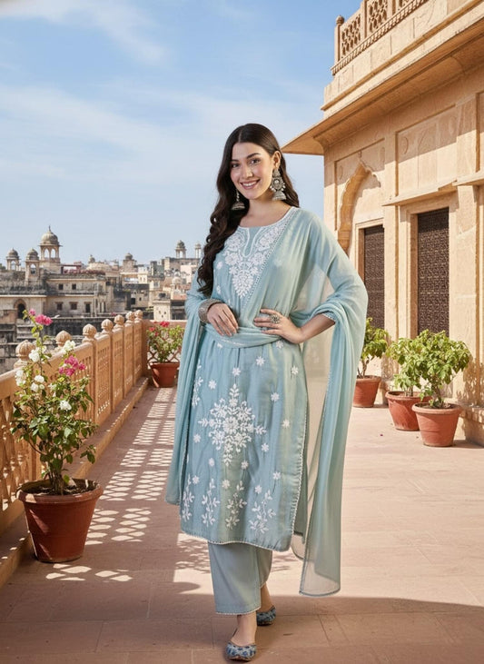 Women Ethnic Motifs Embroidered Regular Chikankari Chanderi Cotton Kurta with Trousers & With Dupatta