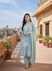 Women Ethnic Motifs Embroidered Regular Chikankari Chanderi Cotton Kurta with Trousers & With Dupatta
