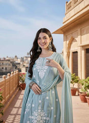 Women Ethnic Motifs Embroidered Regular Chikankari Chanderi Cotton Kurta with Trousers & With Dupatta