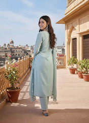 Women Ethnic Motifs Embroidered Regular Chikankari Chanderi Cotton Kurta with Trousers & With Dupatta