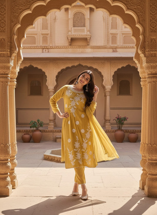 Women Ethnic Motifs Embroidered Regular Thread Work Chanderi Cotton Kurta with Trousers & With Dupatta