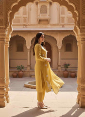 Women Ethnic Motifs Embroidered Regular Thread Work Chanderi Cotton Kurta with Trousers & With Dupatta