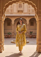 Women Ethnic Motifs Embroidered Regular Thread Work Chanderi Cotton Kurta with Trousers & With Dupatta
