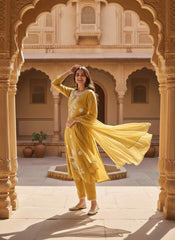 Women Ethnic Motifs Embroidered Regular Thread Work Chanderi Cotton Kurta with Trousers & With Dupatta