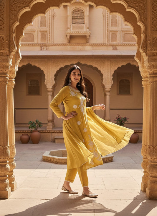 Women Ethnic Motifs Embroidered Regular Thread Work Chanderi Cotton Kurta with Trousers & With Dupatta