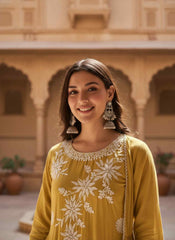 Women Ethnic Motifs Embroidered Regular Thread Work Chanderi Cotton Kurta with Trousers & With Dupatta