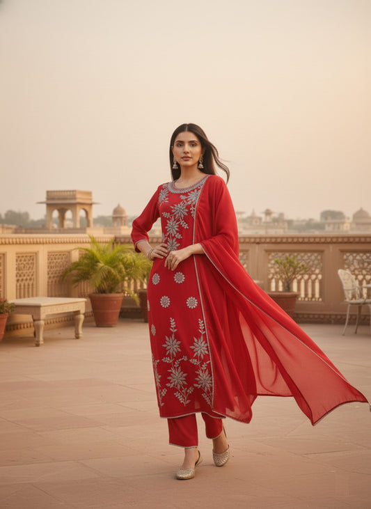 Women Ethnic Motifs Embroidered Regular Thread Work Chanderi Cotton Kurta with Trousers & With Dupatta