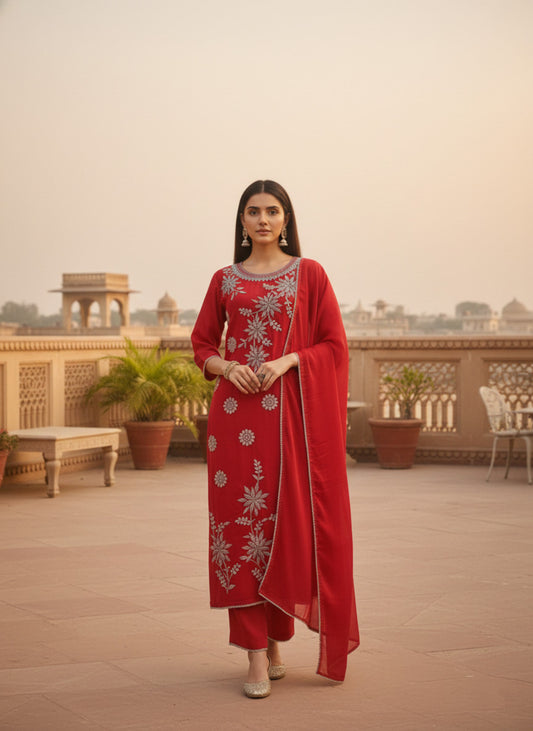 Women Ethnic Motifs Embroidered Regular Thread Work Chanderi Cotton Kurta with Trousers & With Dupatta