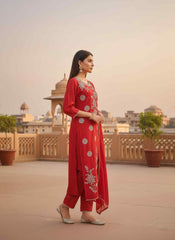 Women Ethnic Motifs Embroidered Regular Thread Work Chanderi Cotton Kurta with Trousers & With Dupatta