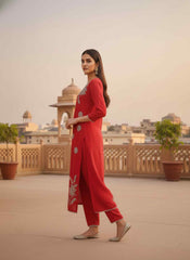 Women Ethnic Motifs Embroidered Regular Thread Work Chanderi Cotton Kurta with Trousers & With Dupatta