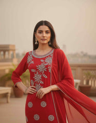 Women Ethnic Motifs Embroidered Regular Thread Work Chanderi Cotton Kurta with Trousers & With Dupatta