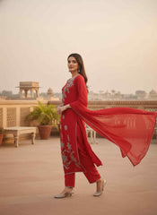 Women Ethnic Motifs Embroidered Regular Thread Work Chanderi Cotton Kurta with Trousers & With Dupatta