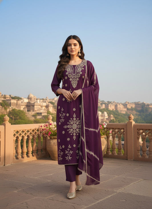 Women Ethnic Motifs Embroidered Regular Thread Work Chanderi Cotton Kurta with Trousers & With Dupatta