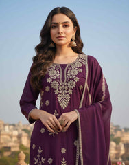 Women Ethnic Motifs Embroidered Regular Thread Work Chanderi Cotton Kurta with Trousers & With Dupatta