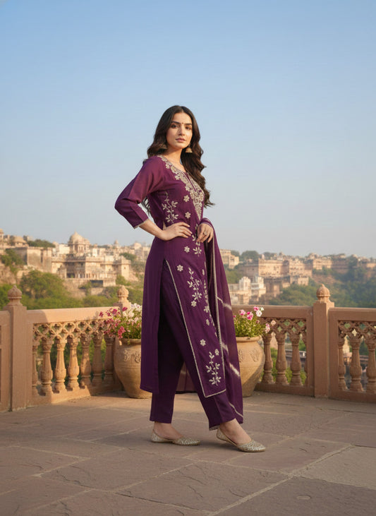 Women Ethnic Motifs Embroidered Regular Thread Work Chanderi Cotton Kurta with Trousers & With Dupatta