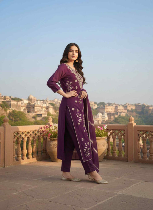 Women Ethnic Motifs Embroidered Regular Thread Work Chanderi Cotton Kurta with Trousers & With Dupatta