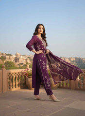 Women Ethnic Motifs Embroidered Regular Thread Work Chanderi Cotton Kurta with Trousers & With Dupatta