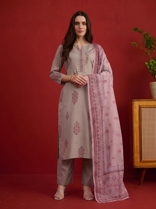 Women Ethnic Printed Regular Chanderi Cotton Kurta with Trousers With Dupatta