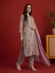 Women Ethnic Printed Regular Chanderi Cotton Kurta with Trousers With Dupatta